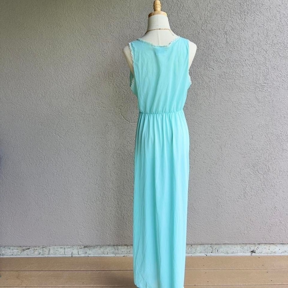 Vintage Aqua Blue Maxi Nightgown Slip Dress Lingerie w/ Sheer Lace Fits Medium - Picture 6 of 8